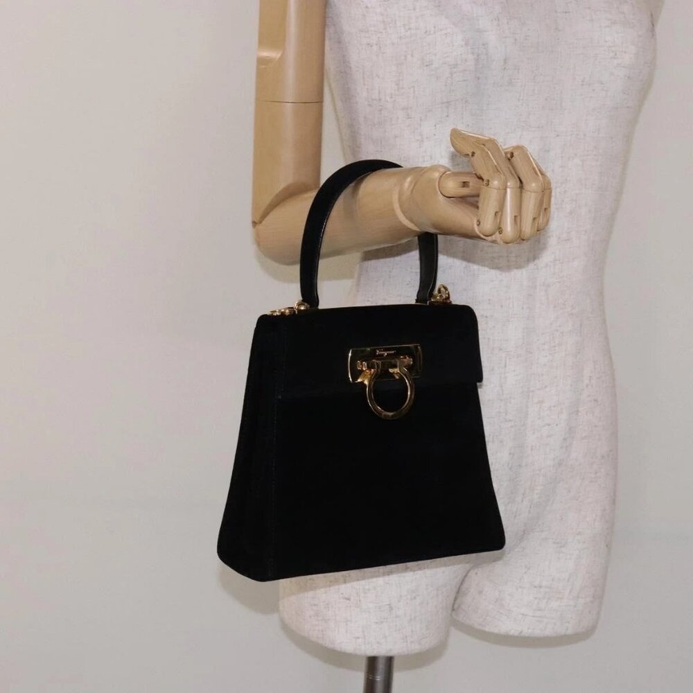 Salvatore Ferragamo Hand Bag Suede Black Gold Auth